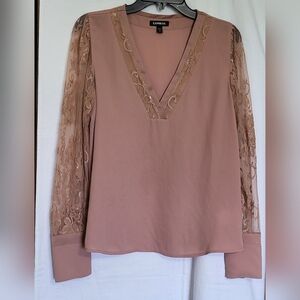 Express Womens Dusty Pink Chiffon Lace Floral Long Sleeve‎ V-Neck Blouse Small